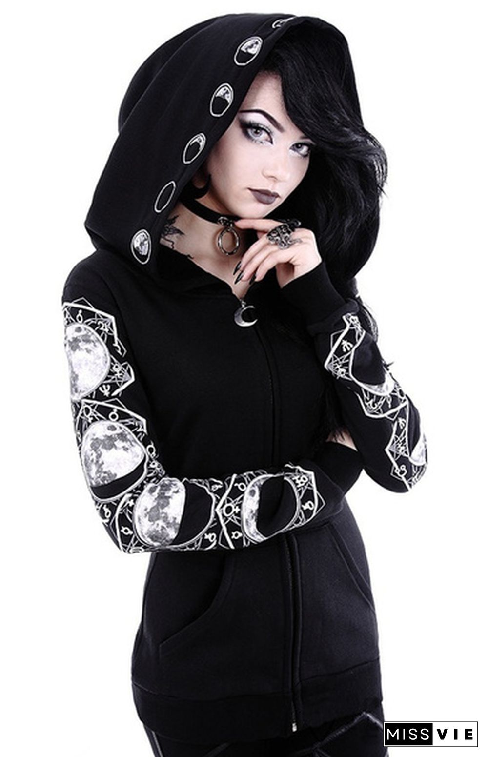 Women's Fashion Cosplay Coat  Hooded Jacket  Print Gothic Punk Long Sleeve Witch Moon Hoodie Zipper Hoodies Casual Plus Size S-5XL