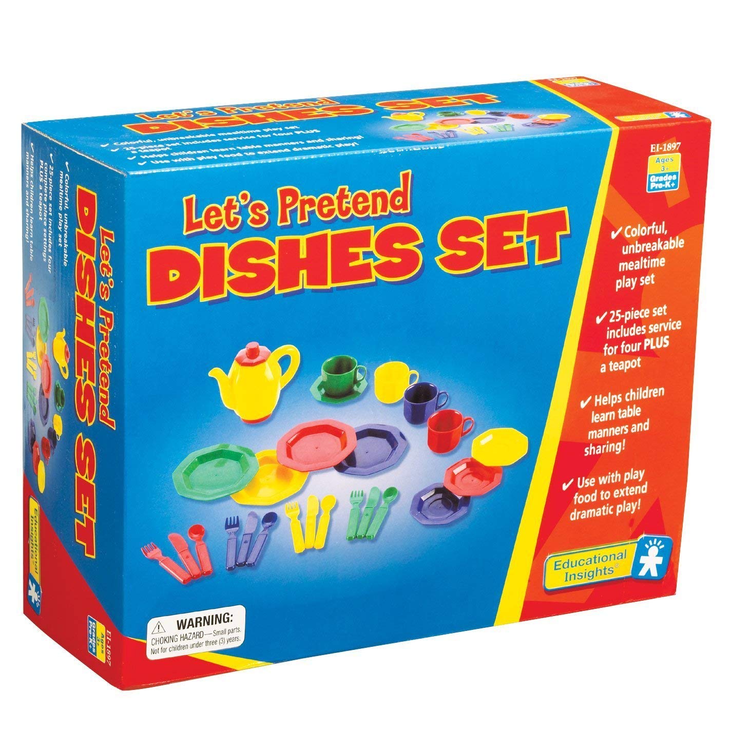 Educational Insights Dishes Set， Pretend Play Kitchen， Set of 25 Dishes， Preschool Toy for Kids， Girls and Boys Ages 3+