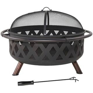 Sunnydaze Decor Black Cross Weave 36 in. x 24 in. Round Steel Wood Burning Fire Pit with Spark Screen NB-610037BLK