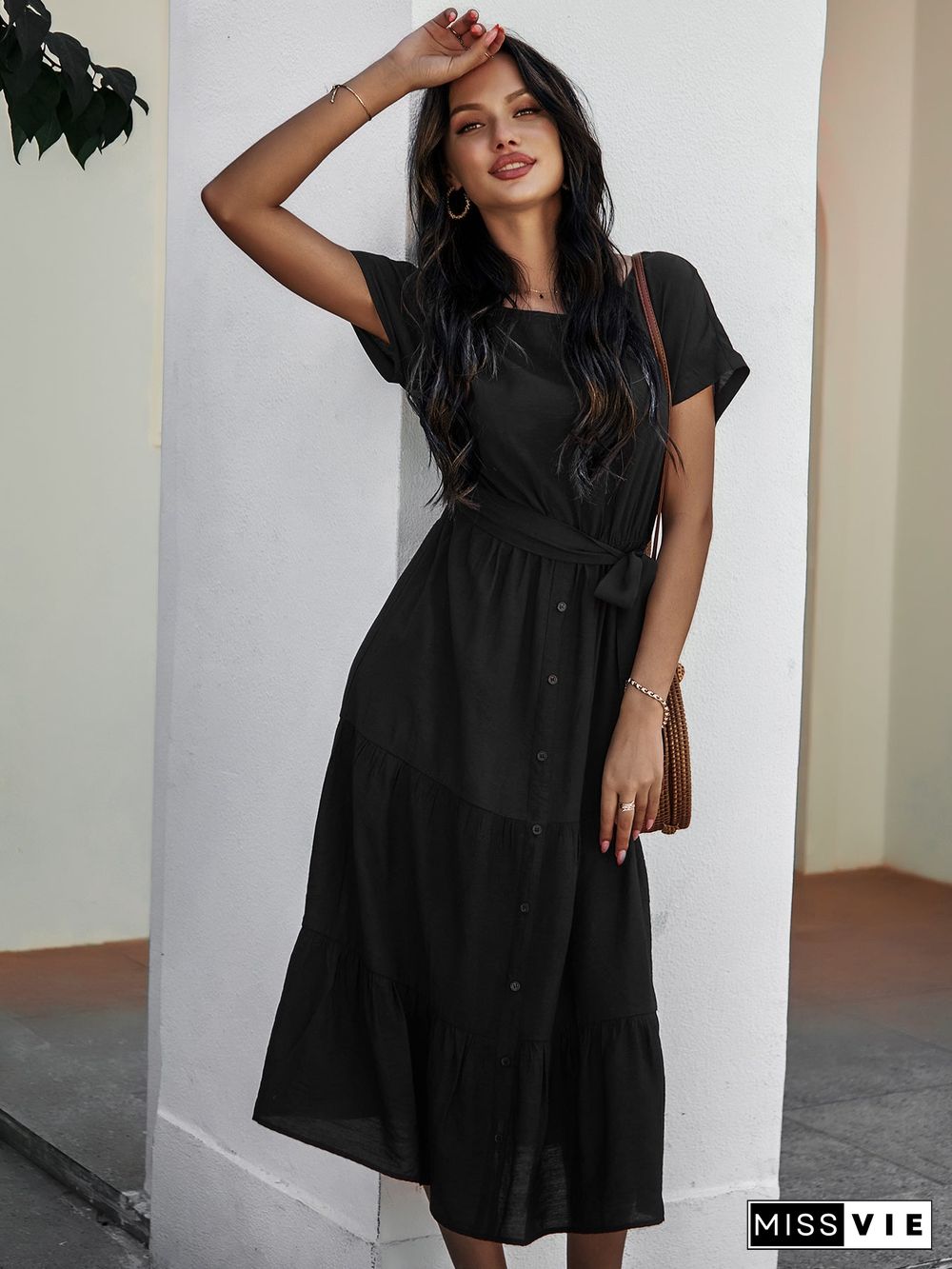 Short Sleeve Round Neck Wrap Tie Waist Maxi Dress