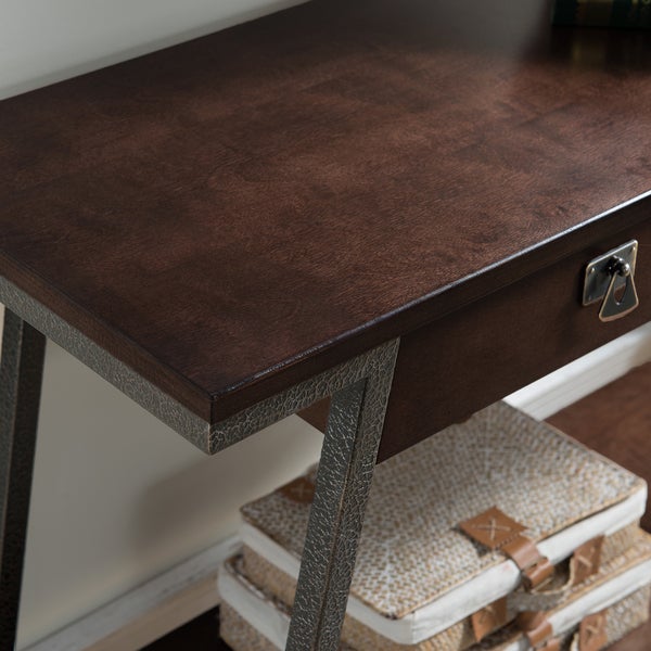 Contemporary Walnut Finish Brown Side Table with Bronzed Steel Legs Two Extendable Drawers and Lower Storage Shelf