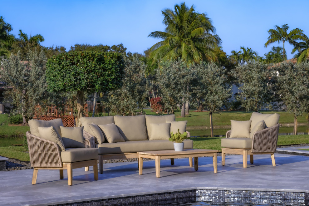 Eve 4 Piece Patio and Backyard Wood  Aluminum and Rope Conversation Set  Gray   Beach Style   Outdoor Lounge Sets   by Outsy  Houzz