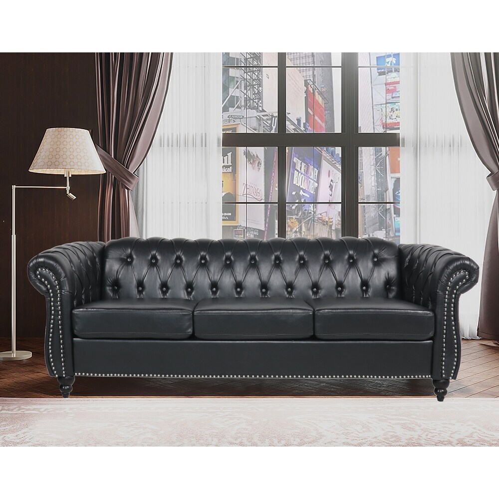 Black PU Chesterfield Three Seater Sofa with Rolled Arm