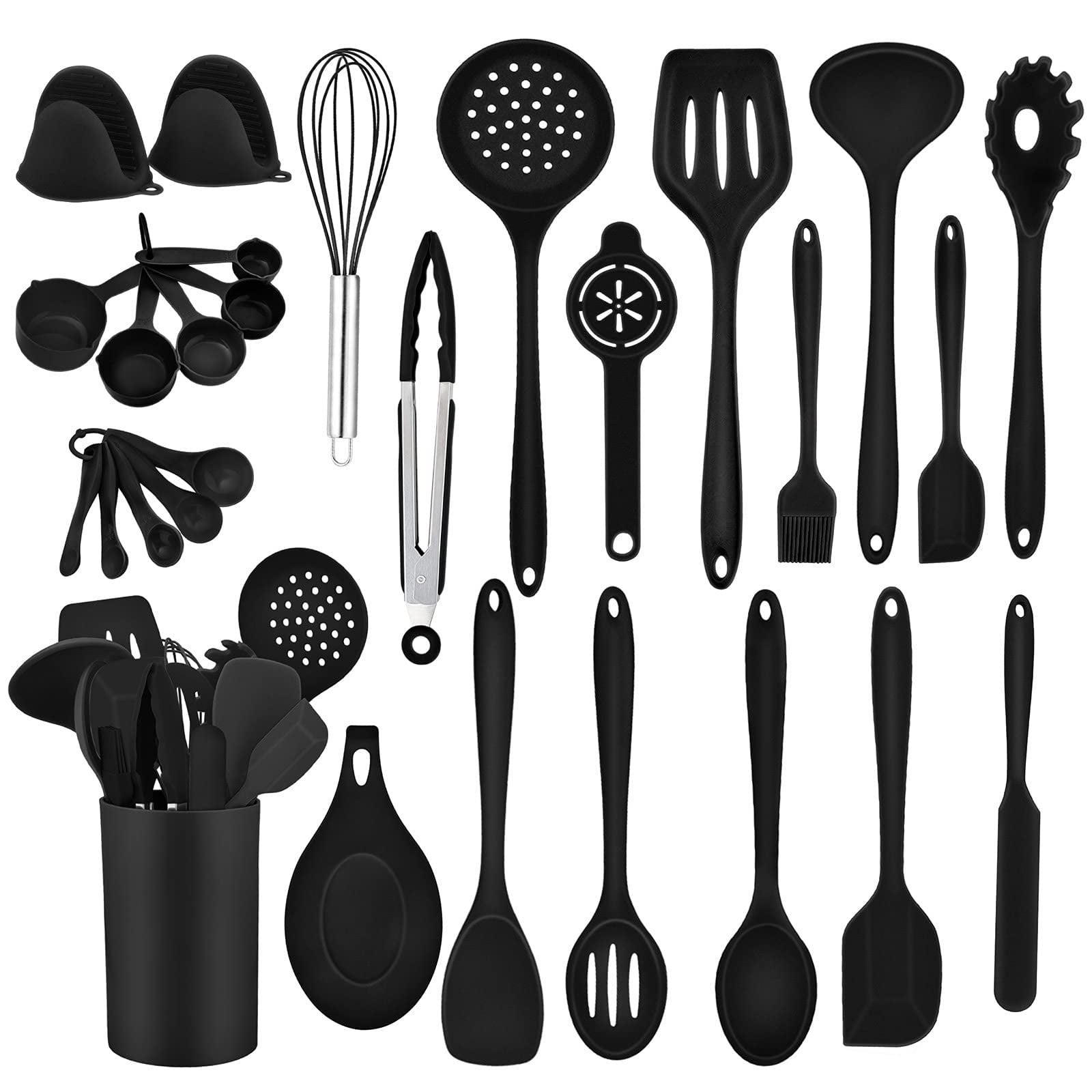 Wamarket 28 PCS Black Silicone Kitchen Cooking Baking Utensil Set for Nonstick Cookware, Heat-Resistant & Non-Stick, Non-Toxic & Dishwasher Safe