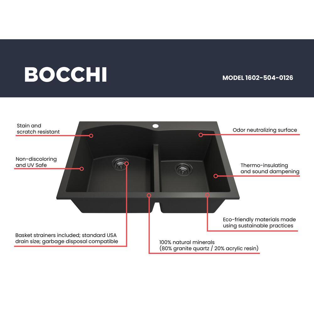 BOCCHI Campino Duo Matte Black Granite Composite 33 in. 6040 Double Bowl Drop-InUndermount Kitchen Sink with Strainers 1602-504-0126