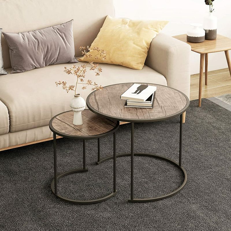 Year Color Round Industrial Nesting Coffee Tables Set of 2 for Bedroom， Office， Living Room