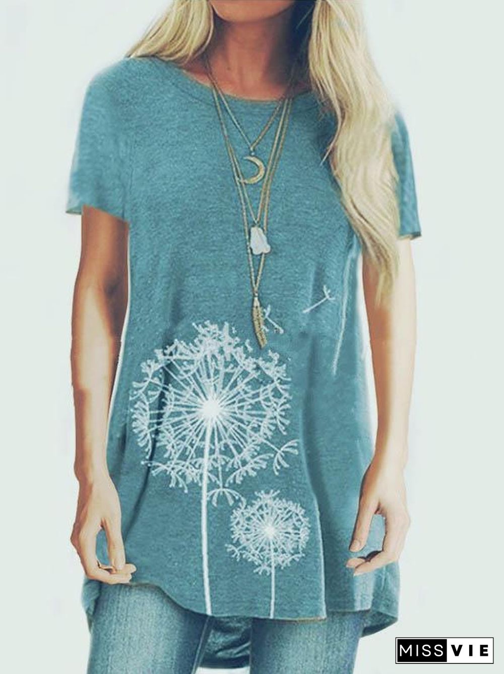 Women Short Sleeve Round Neck Top Floral Printed T-shirt