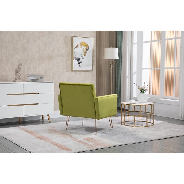 European Style Accent Chair， Velvet Upholstered Leisure Single Sofa with Rose Gold Feet for Living Room， Olive Green