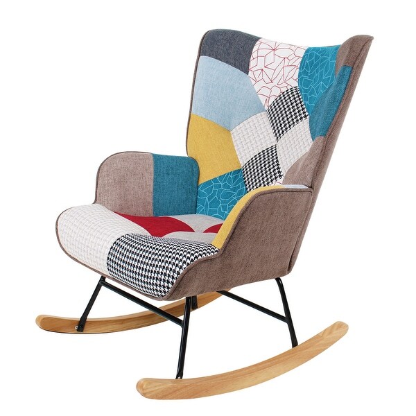 Fabric Rocker Chair with Wood Legs and Patchwork Linen