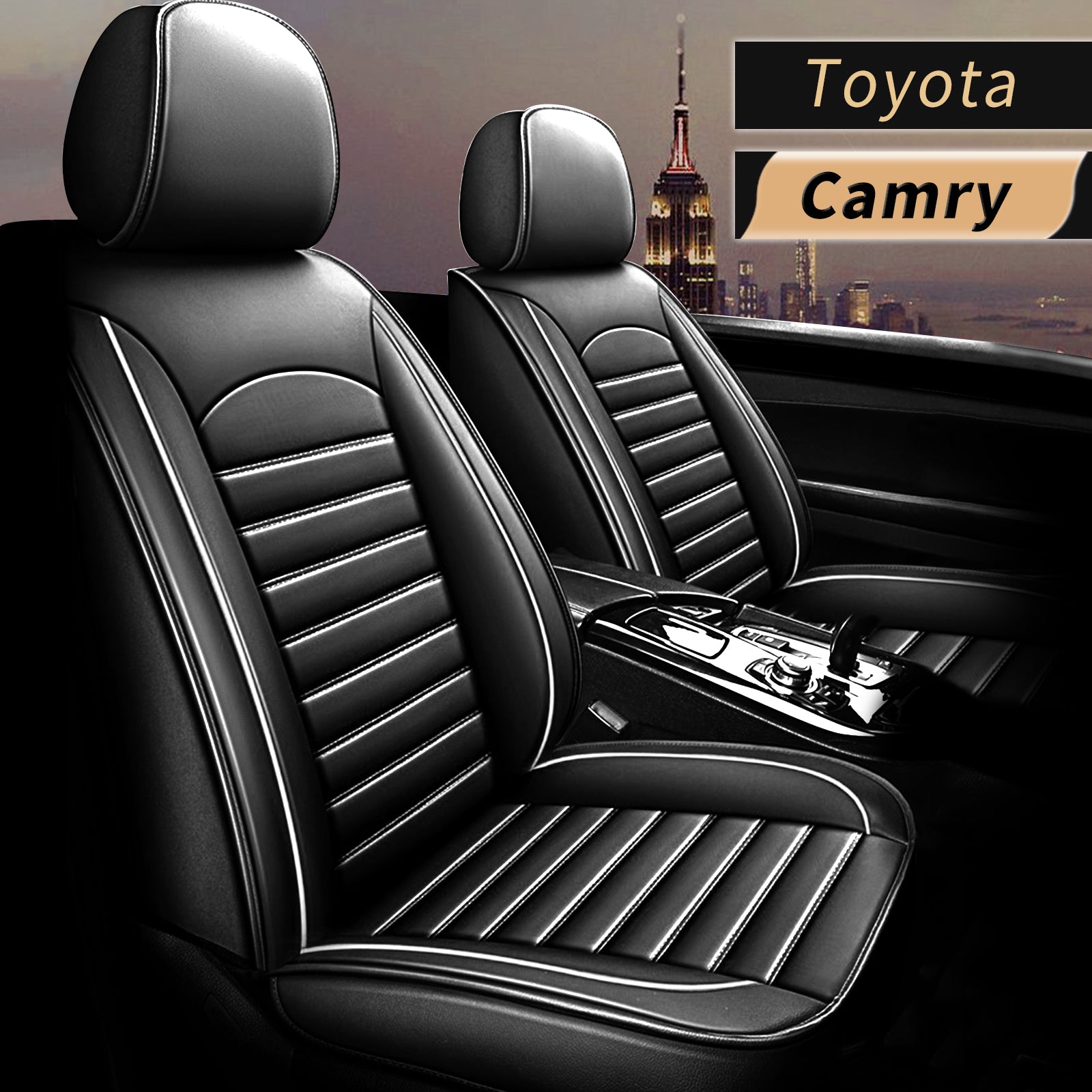 AOMSAZTO Car Seat Cover Fit For Toyota Camry 2005-2017 Black and White Line Faux Leather 5-seat Auto Full Set Suitable For Detachable Rear Headrest