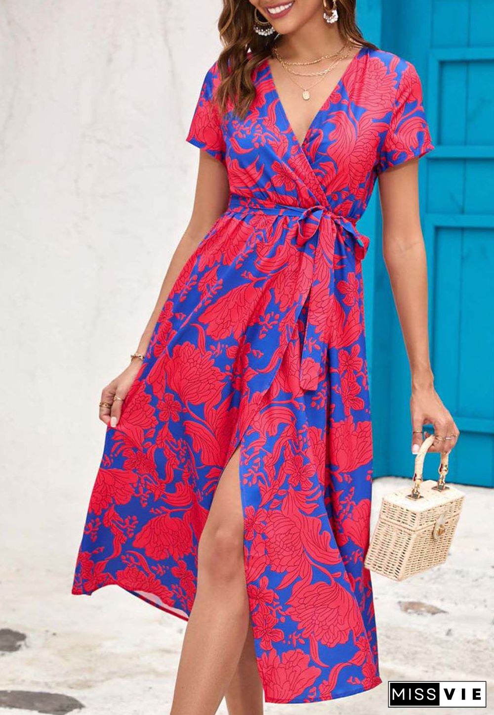 Printed Surplice Neck Midi Dress