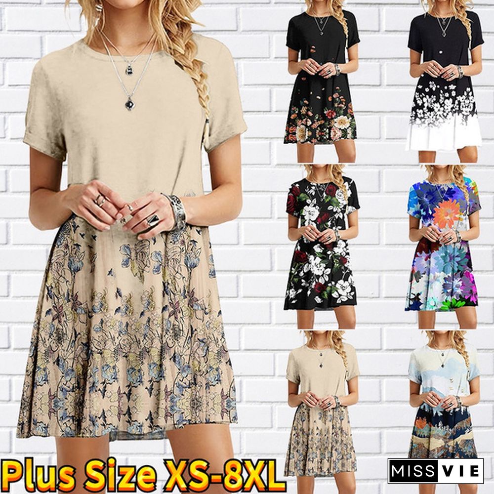 Women's Fashion Dress Flower Leaf Print Women's Casual Dress Summer Beach Short-sleeved Dress Plus Size XS-8XL