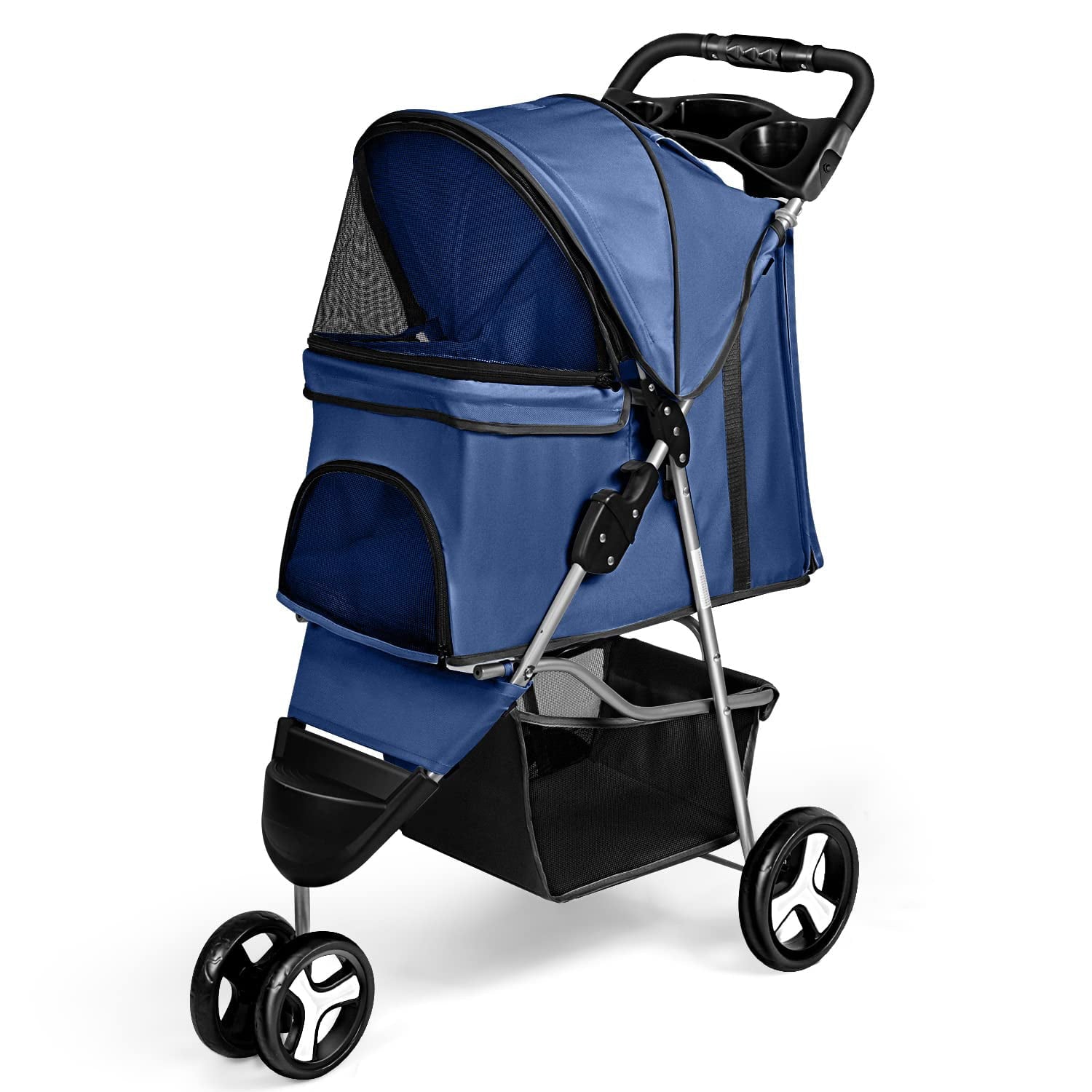 Pet Stroller 3 Wheel Foldable Cat Dog Stroller with Storage Basket and Cup Holder for Small and Medium Cats， Dogs， Puppy (Blue)