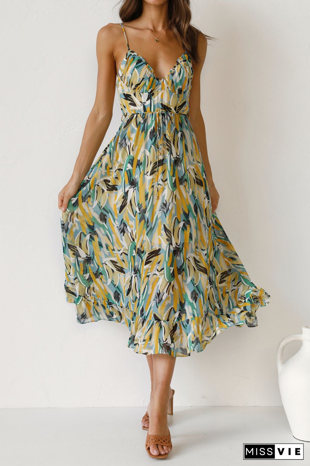 Fashion Print Split Joint Spaghetti Strap Cake Skirt Dresses