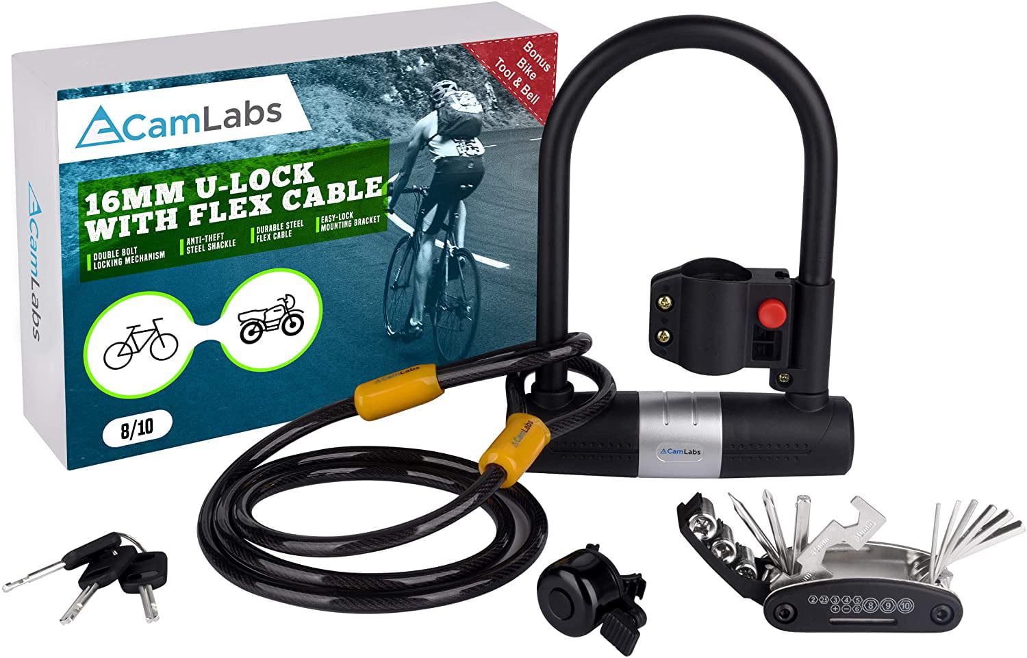 CamLabs Bike Lock， Cable， Multi Bike Tool and Bicycle Bell Set