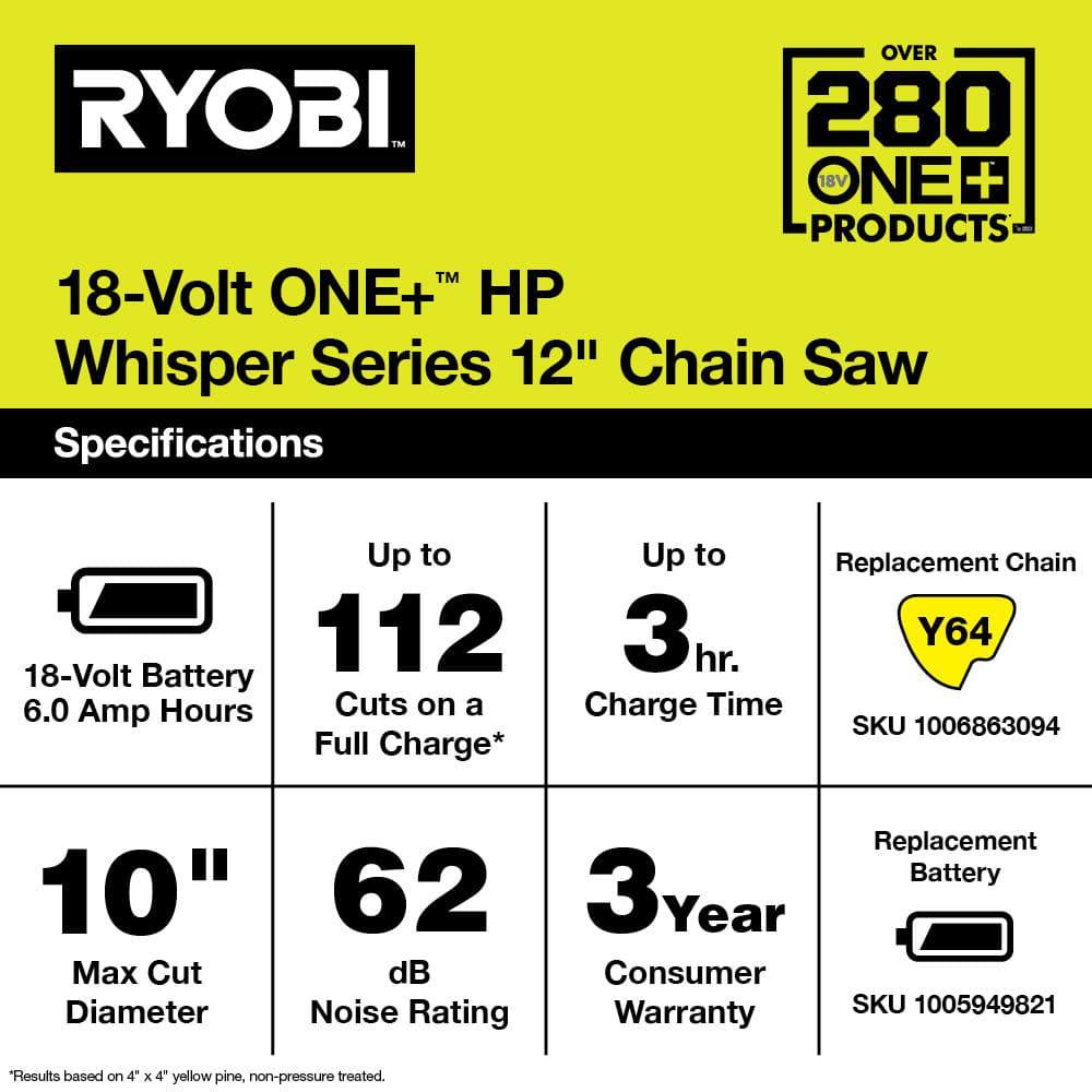 RYOBI ONE HP 18V Brushless Whisper Series 12 in Battery Chainsaw with 60 Ah Battery and Charger