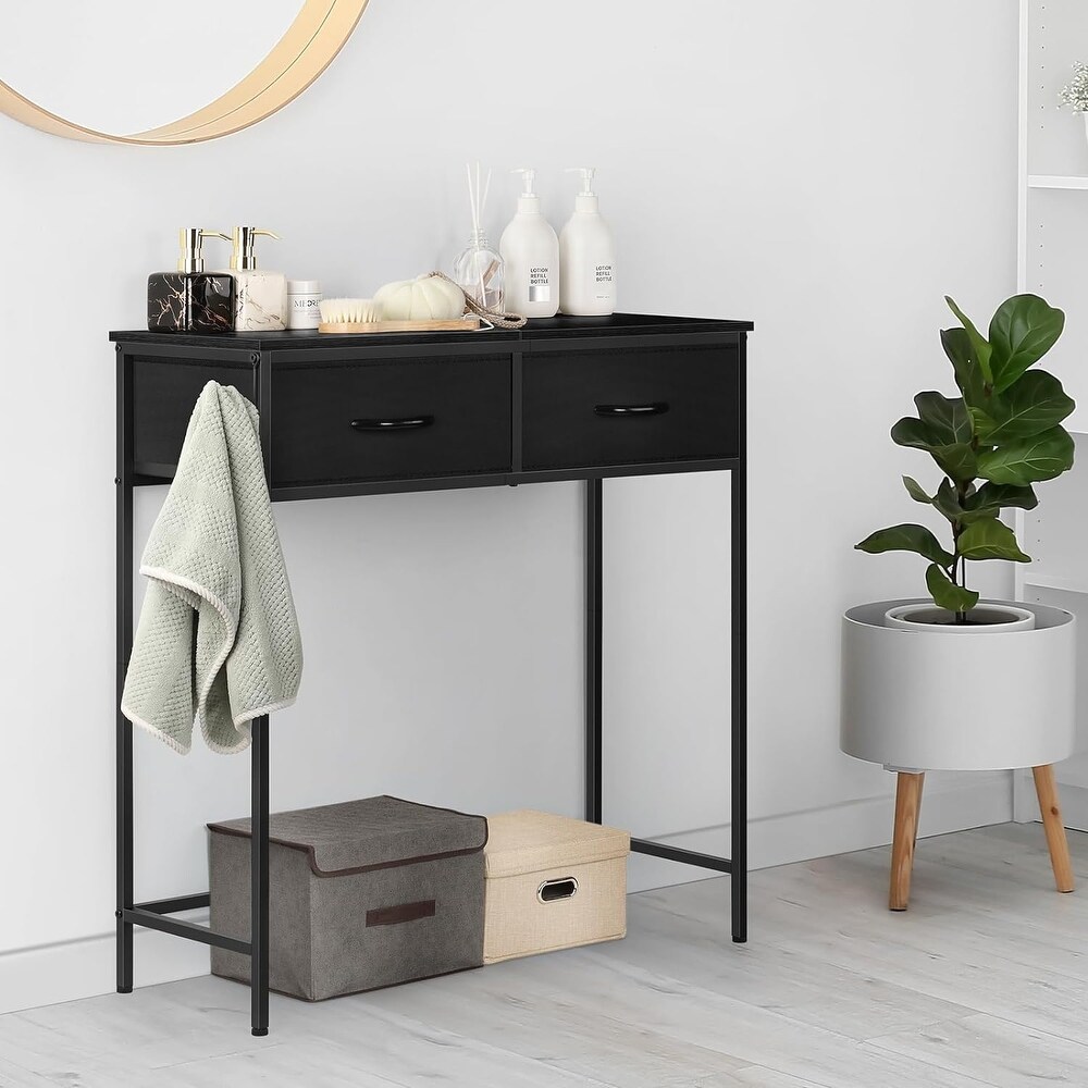 Narrow Modern Sofa Table with Hooks and Fabric Drawers Console Table