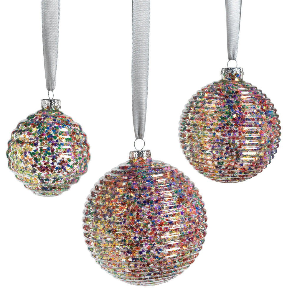 Multicolor Star Glitter 4.75 quotRibbed Glass Ornaments  Set of 4   Christmas Ornaments   by Zodax  Houzz