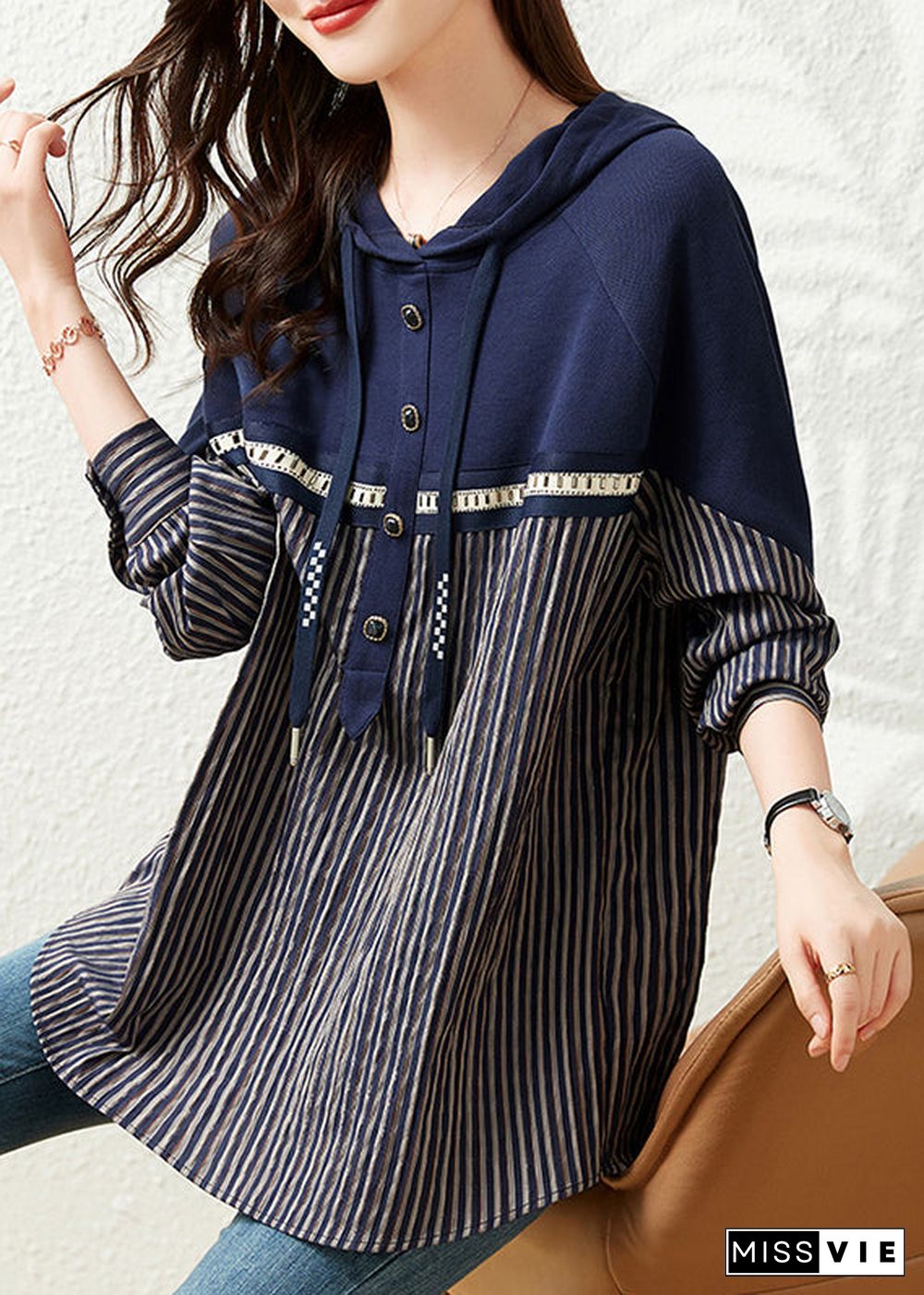 Loose Navy Neck Tie Striped Patchwork Hooded Sweatshirts Long Sleeve