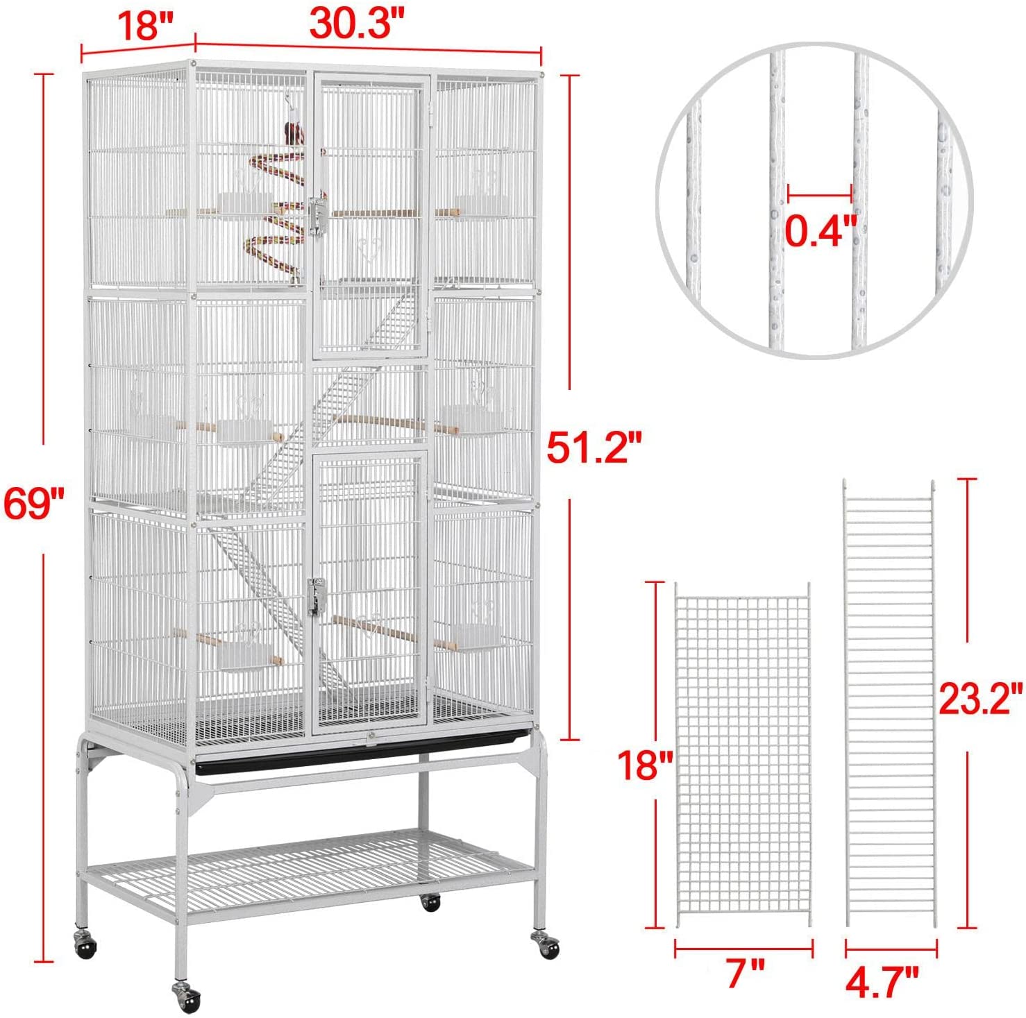 69'' Extra Large Bird Cage Metal Parrot Cage w/Detachable Stand for Mid-Sized Parrots Cockatiels Conures Parakeets Lovebirds Budgie Finch