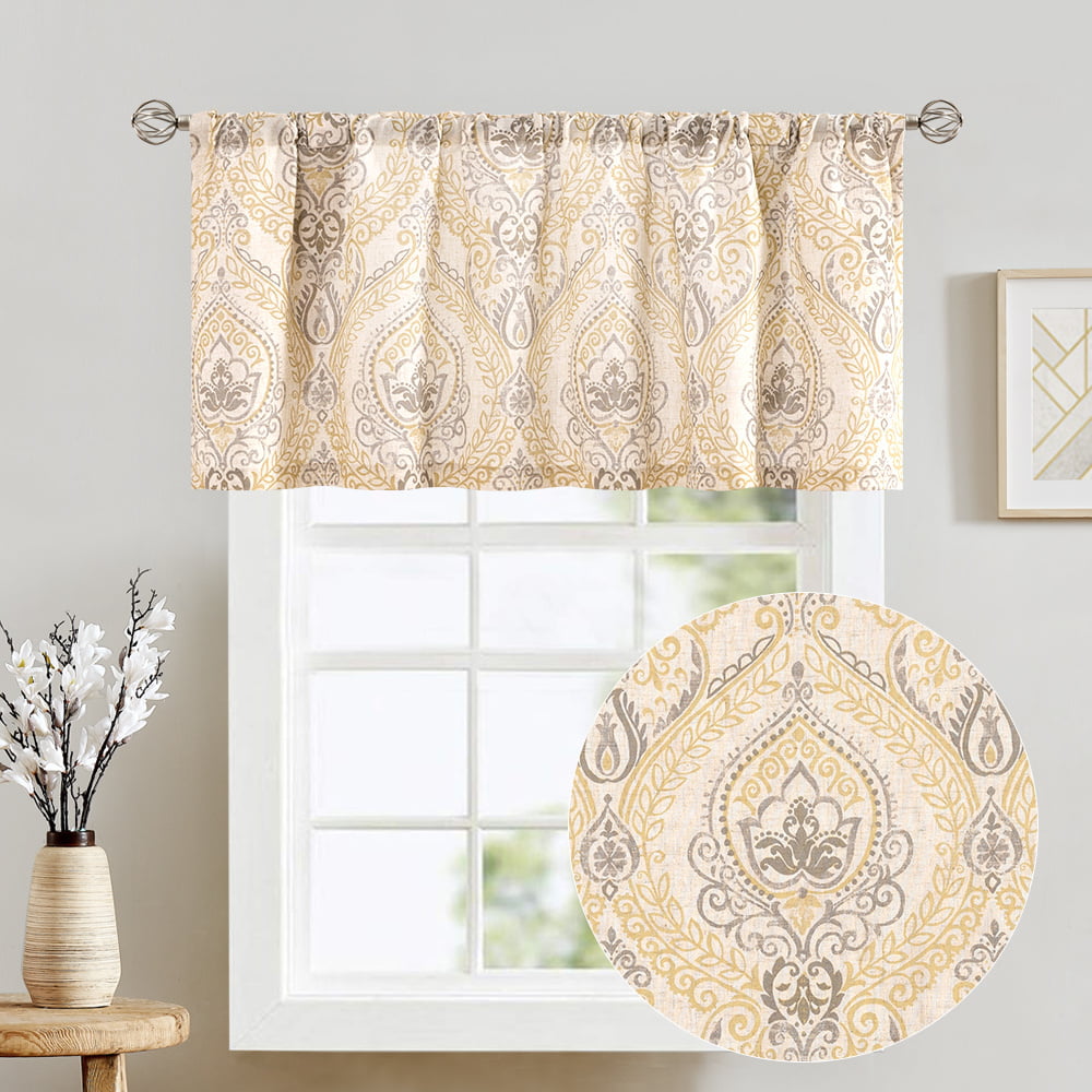 Curtainking Tie Up Damask Kitchen Valance Famhouse Curtain for Living Room 20 inch Linen Adjustable Window Valance Rod Pocket 1 Panel Yellow on Beige