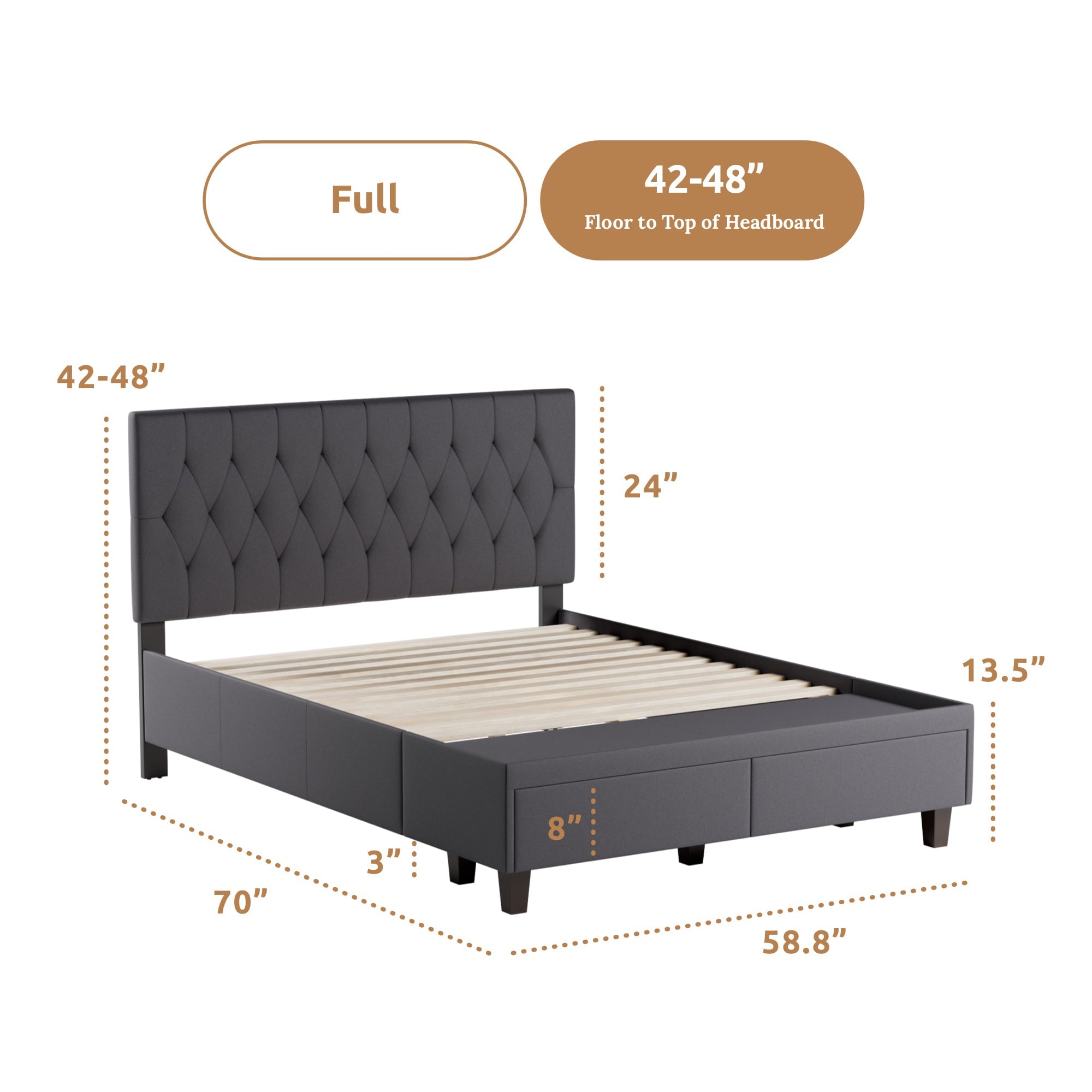 Rest Haven Nampa Upholstered Bed with Drawers, Full, Charcoal