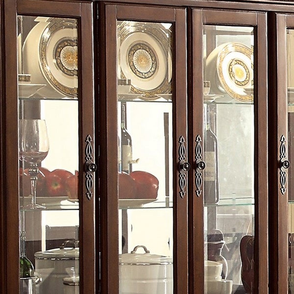 Wooden Buffet with Hutch and Molded Trim Details， Dark Brown