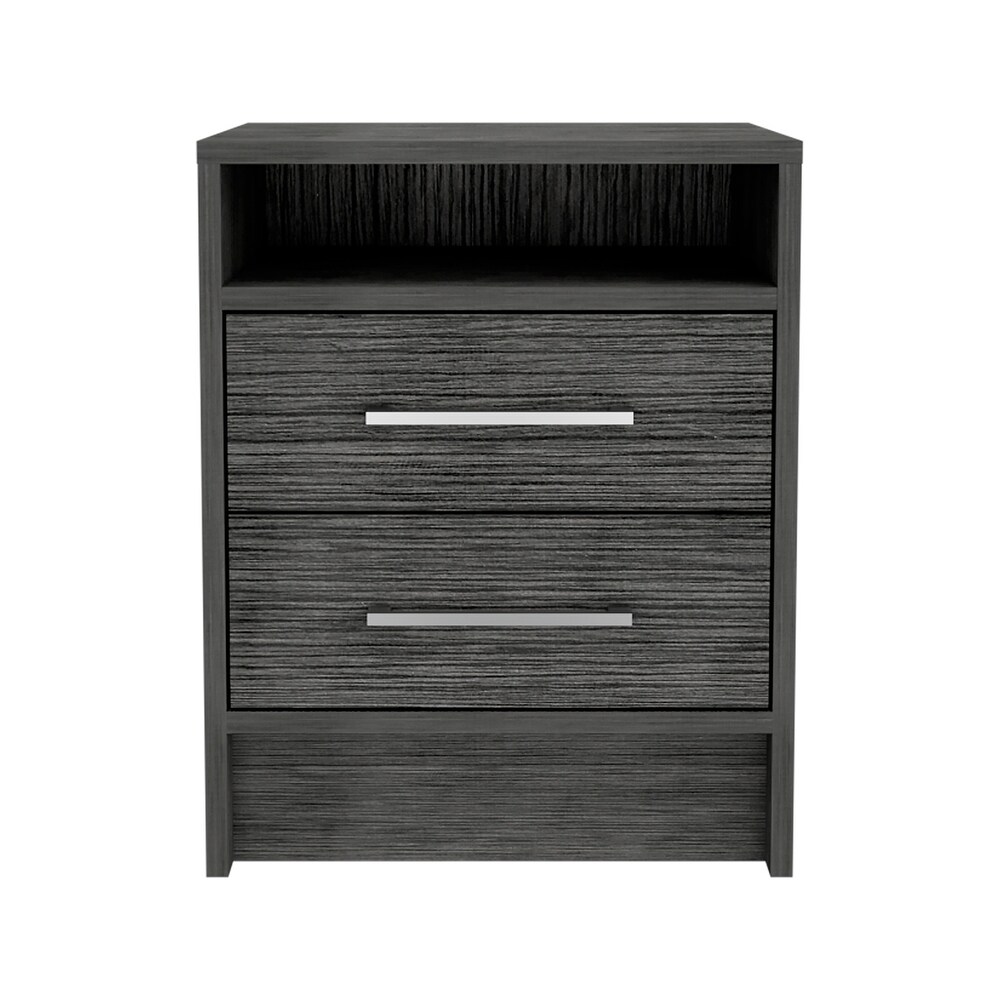 Wooden Nightstand with Two Drawers and Metal Handles