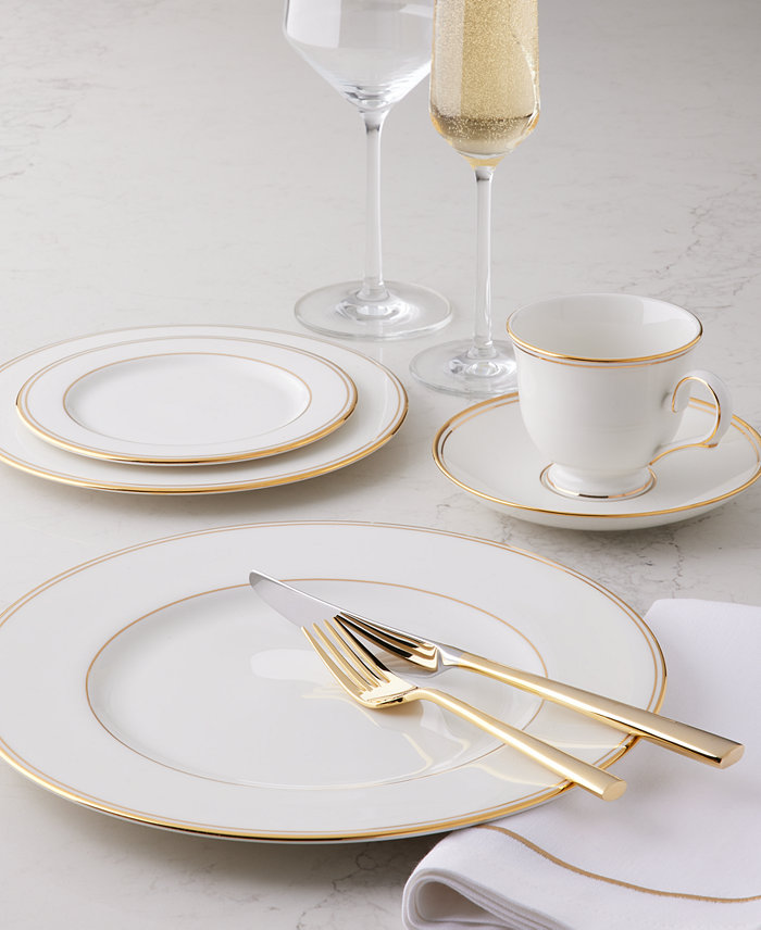 Macy's Lenox Federal Gold Dinnerware Schott Zwiesel Pure Glassware and Kate Spade New York Malmo Gold Flatware