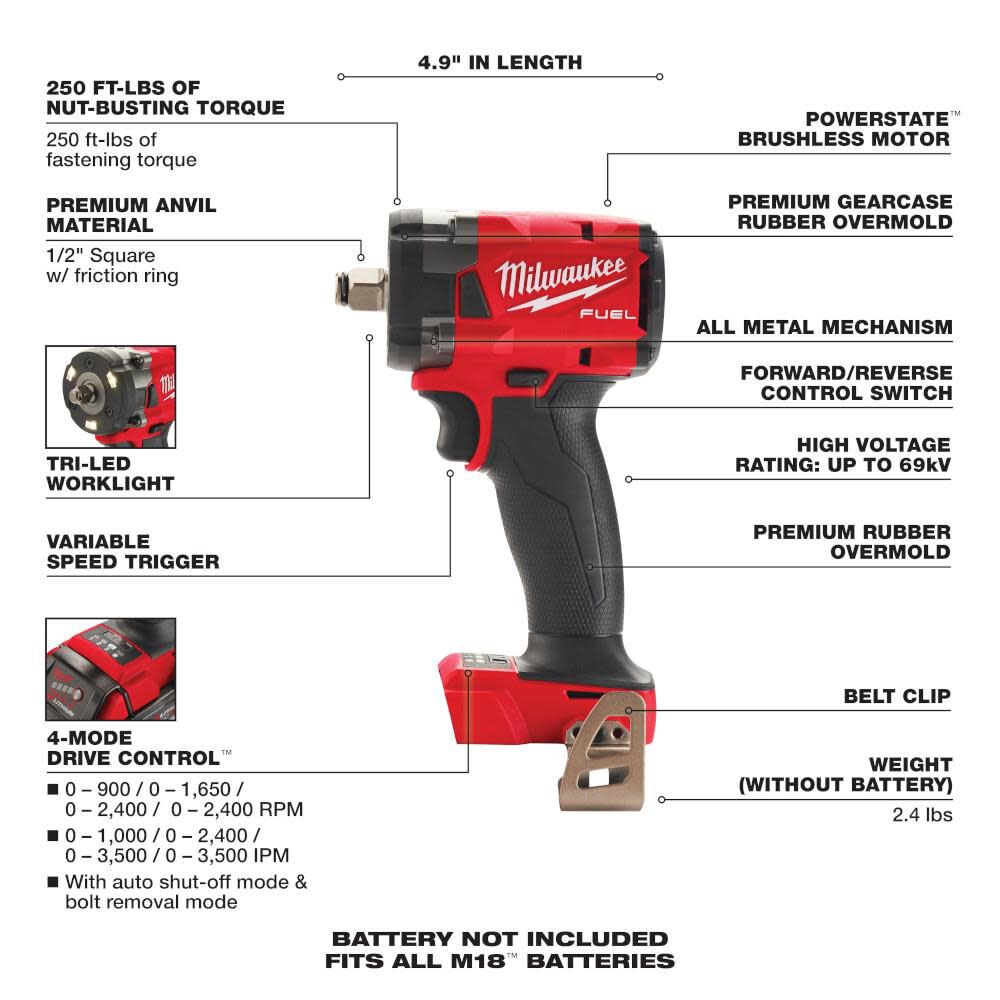 Milwaukee M18 FUEL 1/2 Compact Impact Wrench with Friction Ring 2855-20 from Milwaukee