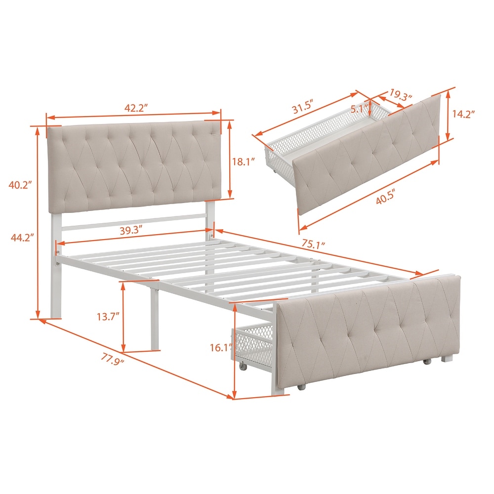 Metal Storage Platform Bed with Big Drawer   Linen Upholstered Headboard