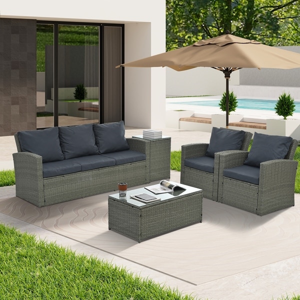 5Piece PE Rattan Wicker Patio Conversation Set With Cushions