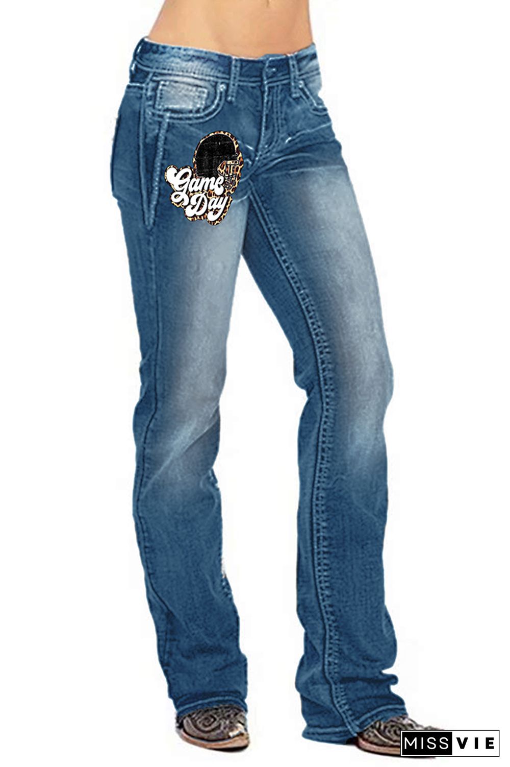 Game Day Helmet Leopard Print Straight Wash Jeans Pants