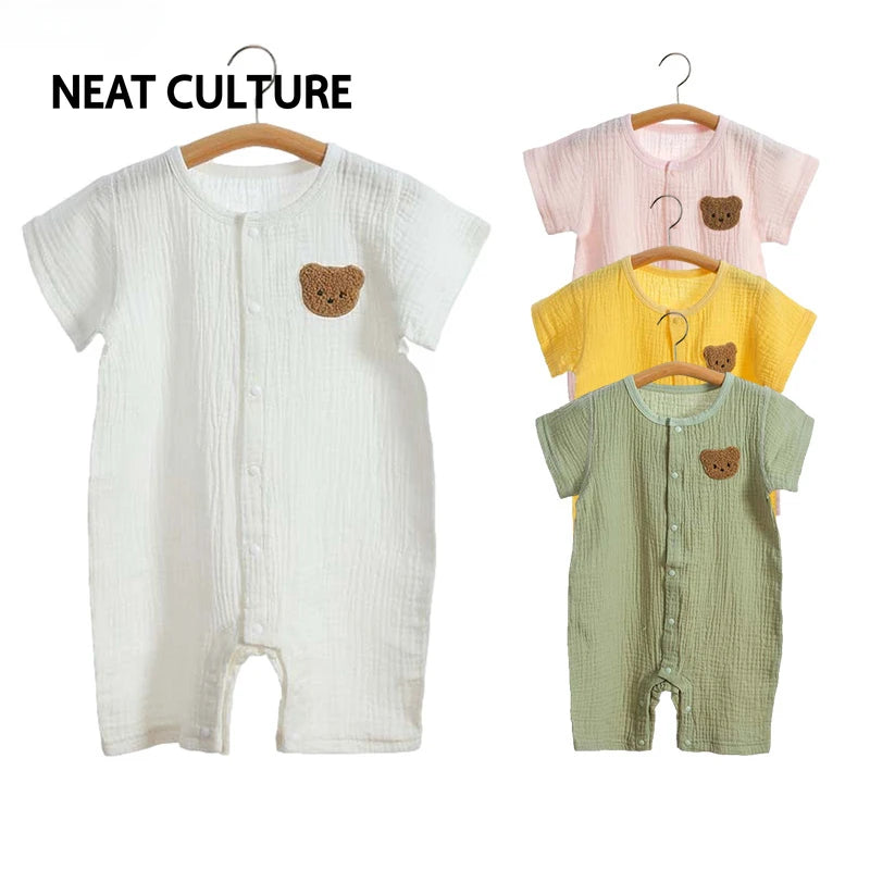 Baby Romper Muslin Short Sleeves Jumpsuit for Girls Boys Cute Bear One-Pieces Clothing Newborn Summer Thin Bodysuits