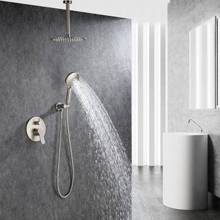 Tahanbath 3-Spray Patterns with 2.5 GPM 12 in. Ceiling Mounted Dual Shower Heads Shower System Mix Set in Brushed Nickel PZZ-96205-BN-KXC