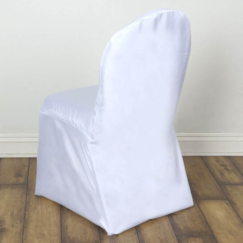 White Polyester Banquet Chair Cover, Reusable Stain Resistant Slip On Chair Cover