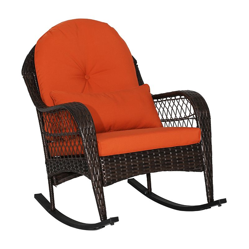 Patio Rattan Rocking Chair with Seat Back Cushions and Waist Pillow