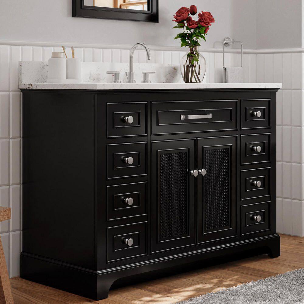 Home Decorators Collection Gillinger 48 in. W x 22 in. D x 35 in. H Bath Vanity in Black Rattan with White Engineered Carrara Top and Sink 1906VA48-312925