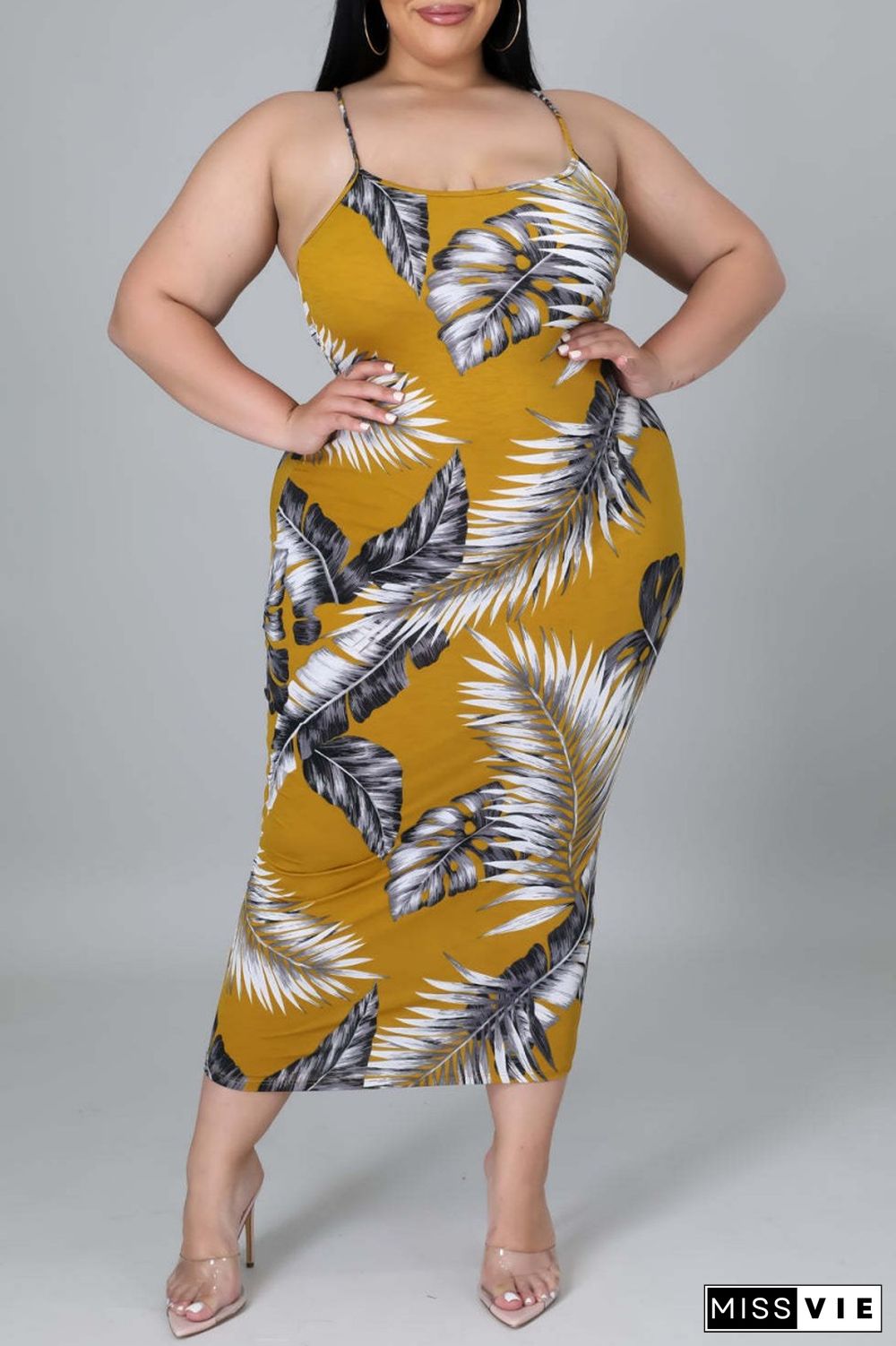 Orange Sexy Casual Print Backless O Neck Sling Dress Plus Size Dresses