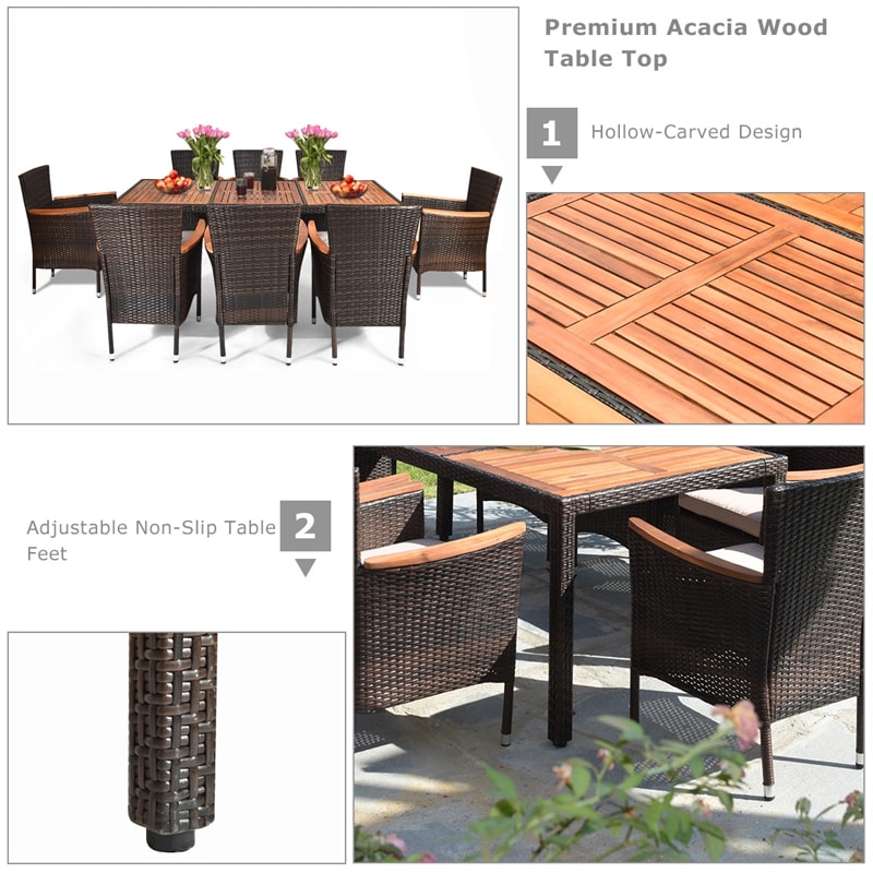 9 Pcs Rattan Patio Dining Set with Acacia Wood Tabletop & Cushioned Stackable Armchairs