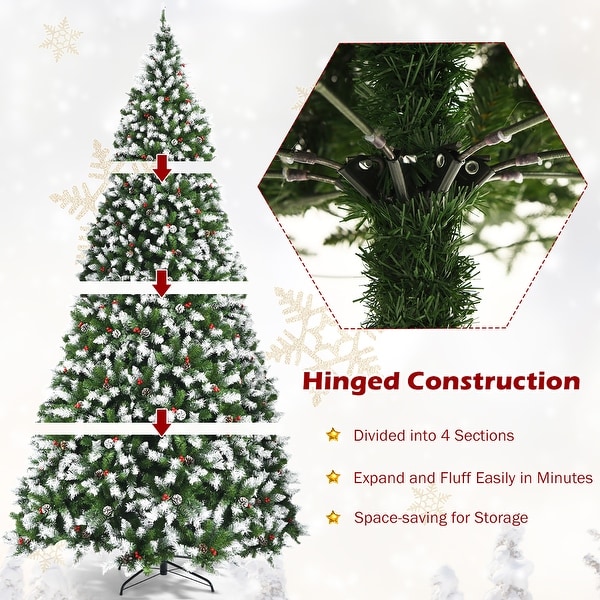 Costway 9ft Prelit Snowy Christmas Tree 2058 Tips w/ Pine Cones and Red