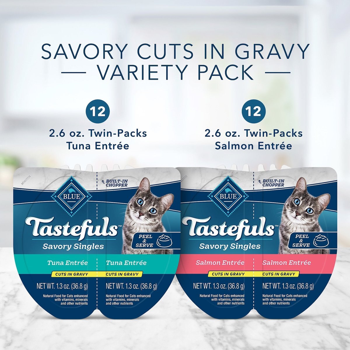 Blue Buffalo Tastefuls Savory Singles Salmon and Tuna Entrée Cat Food， 2.6-oz cup， 24 count