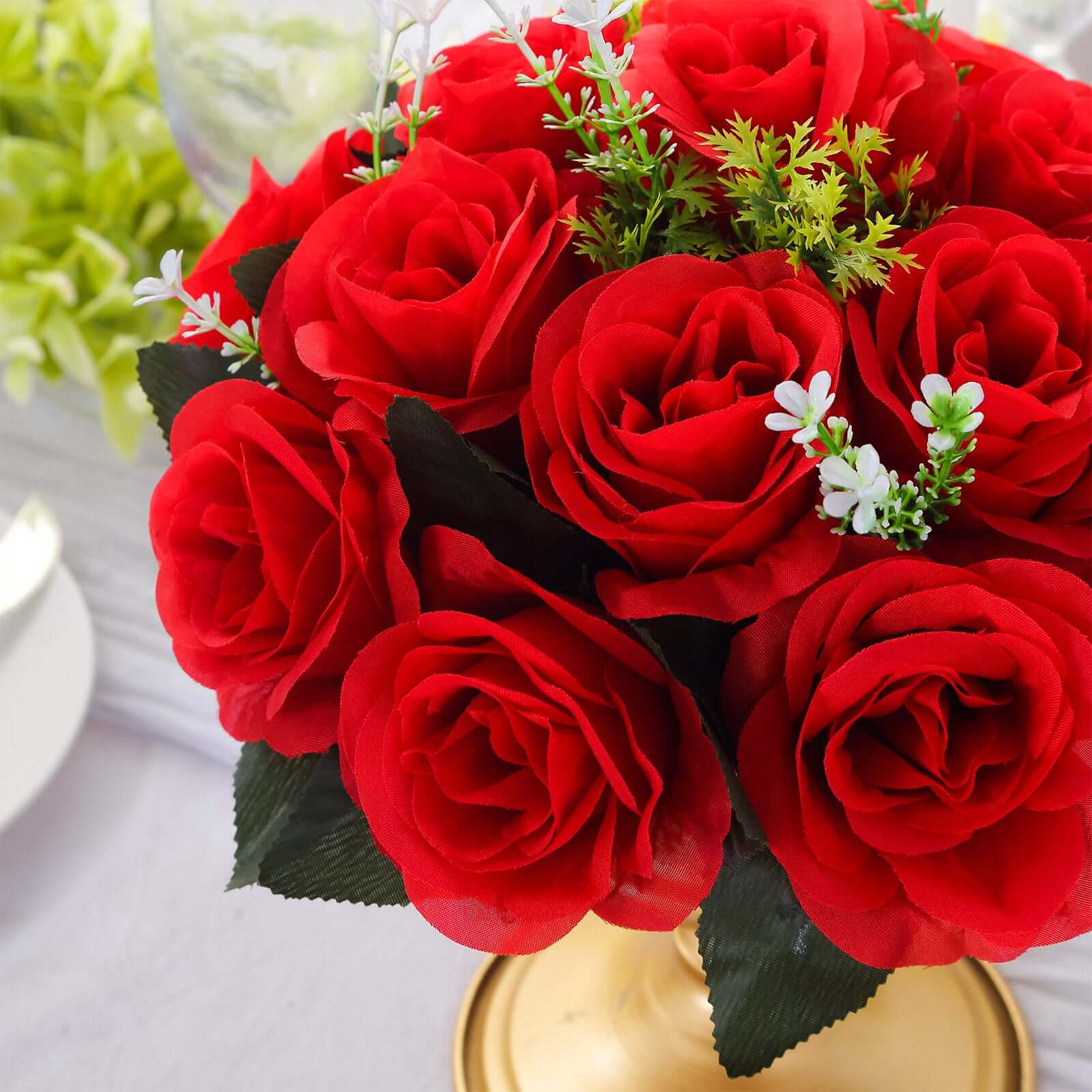 2 Pack Red Artificial Flower Ball Bouquets For Centerpieces, 15-Head Silk Rose Kissing Balls 10