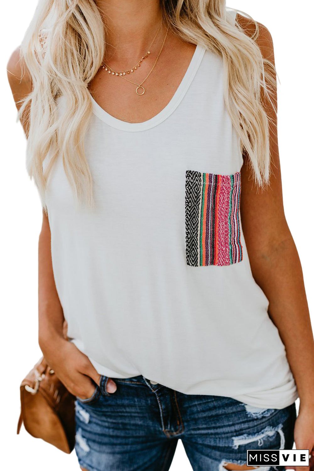 Casual Women Tank Top With Multicolor Pocket