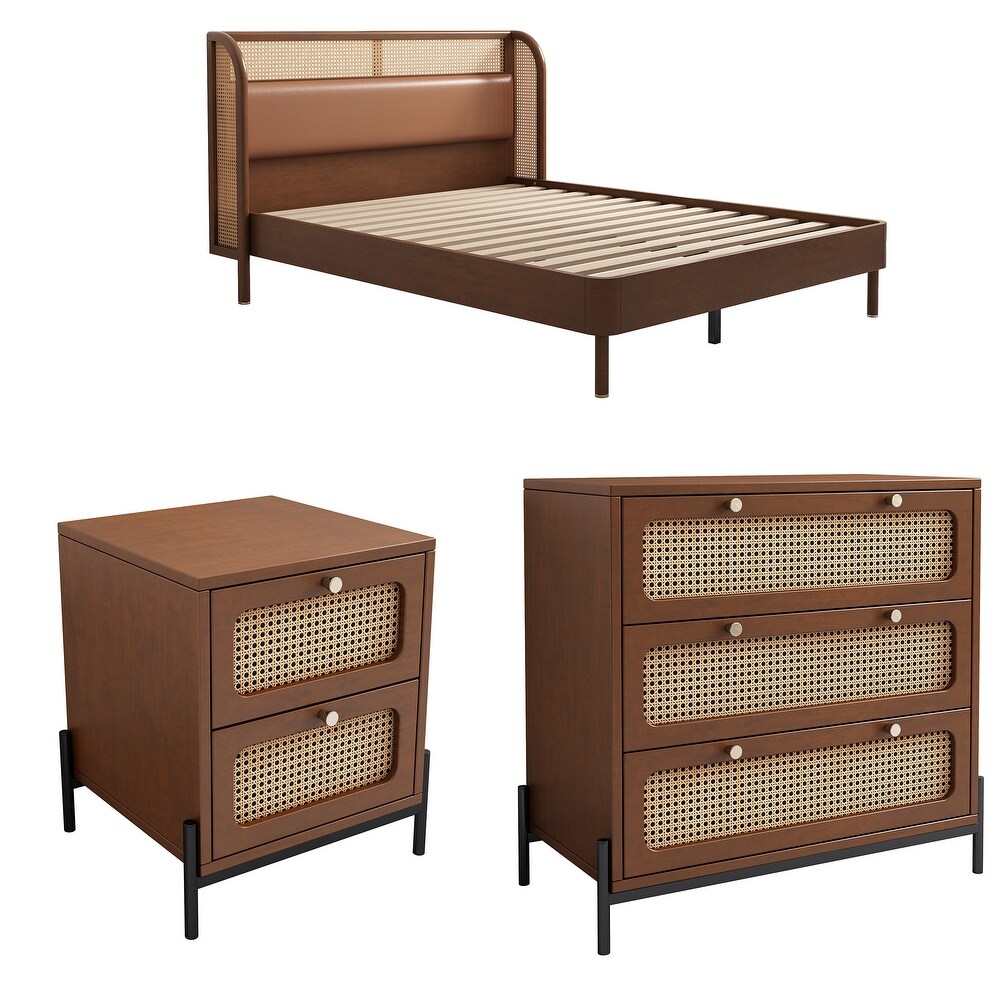 3 Pieces Rattan Queen Bed with 1 Nightstand and 1 chest