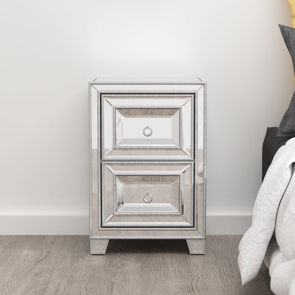 Mirrored Nightstand with 2 Drawers， Silver Side Table， Antique Painted End Table for Bedroom Living Room - - 37569442