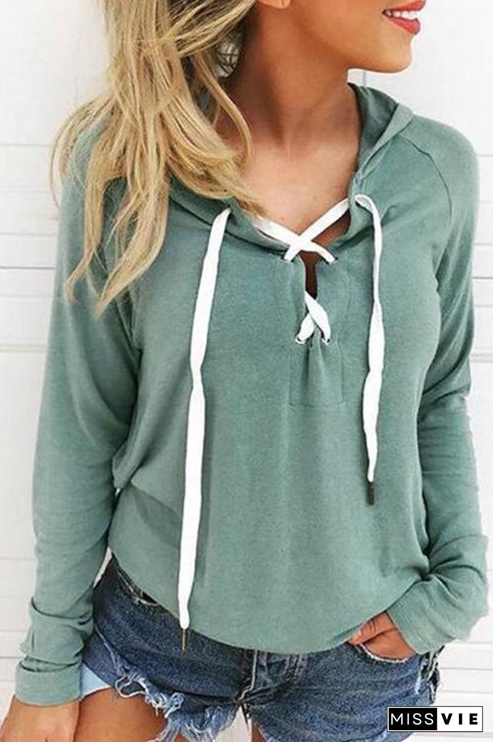 Women V Neck Long Sleeve Hoodie