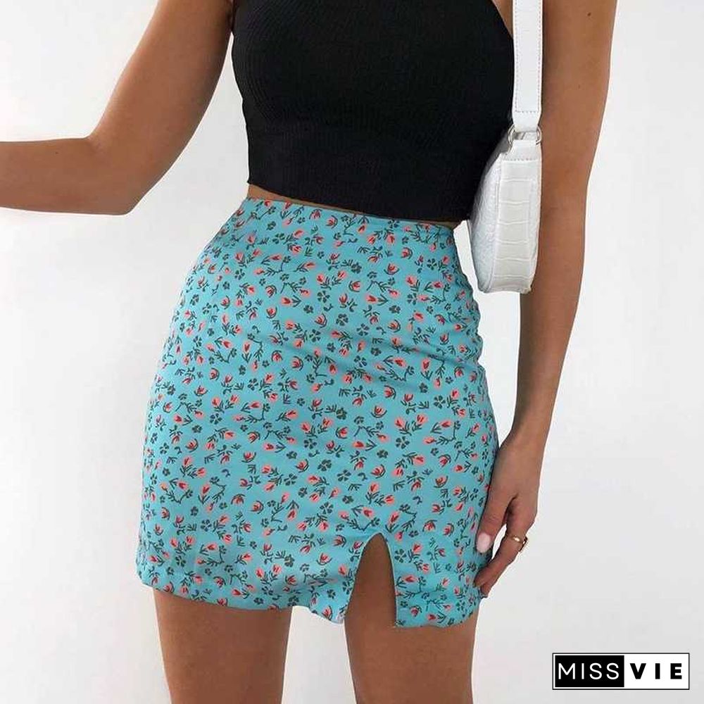 Slimming High Waisted Short Floral Skirt With Slit