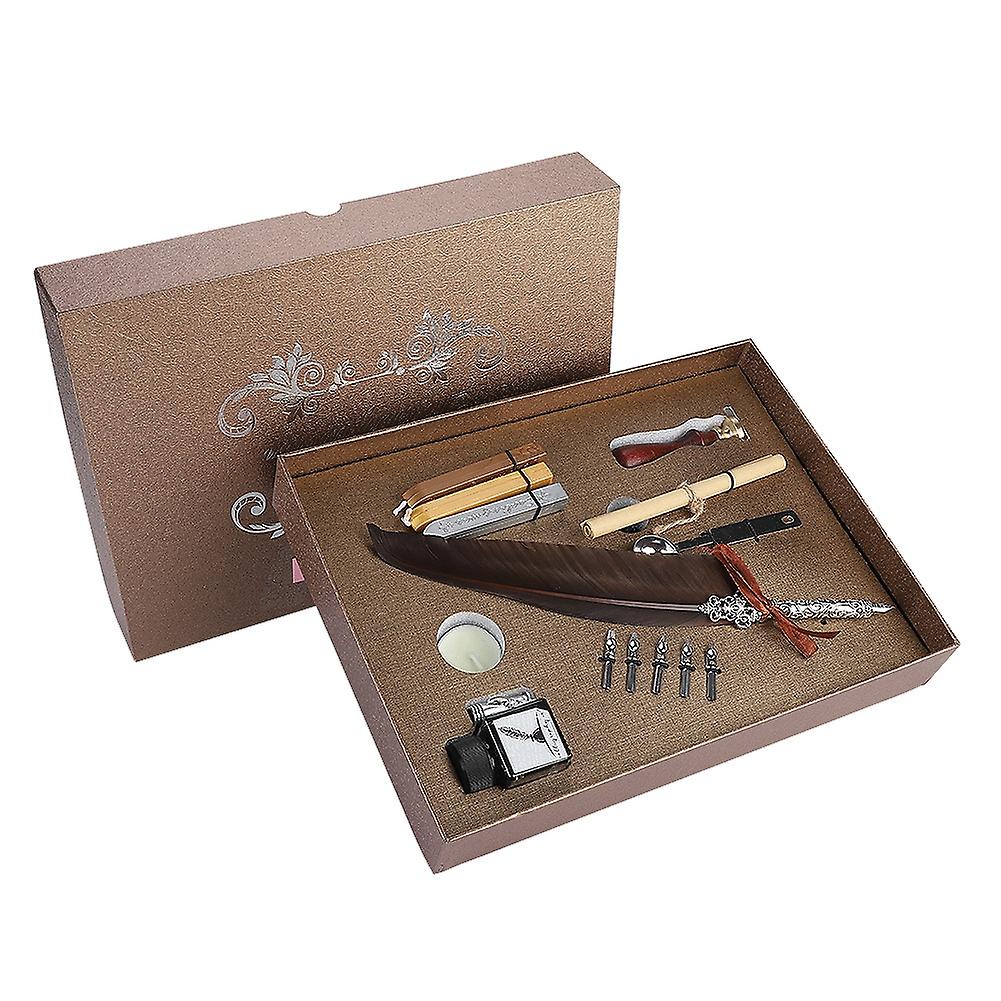 Retro Quill Feather Writing Pen Gift Box With Empty Ink Bottle Quill Set For Teacher Dark Brown