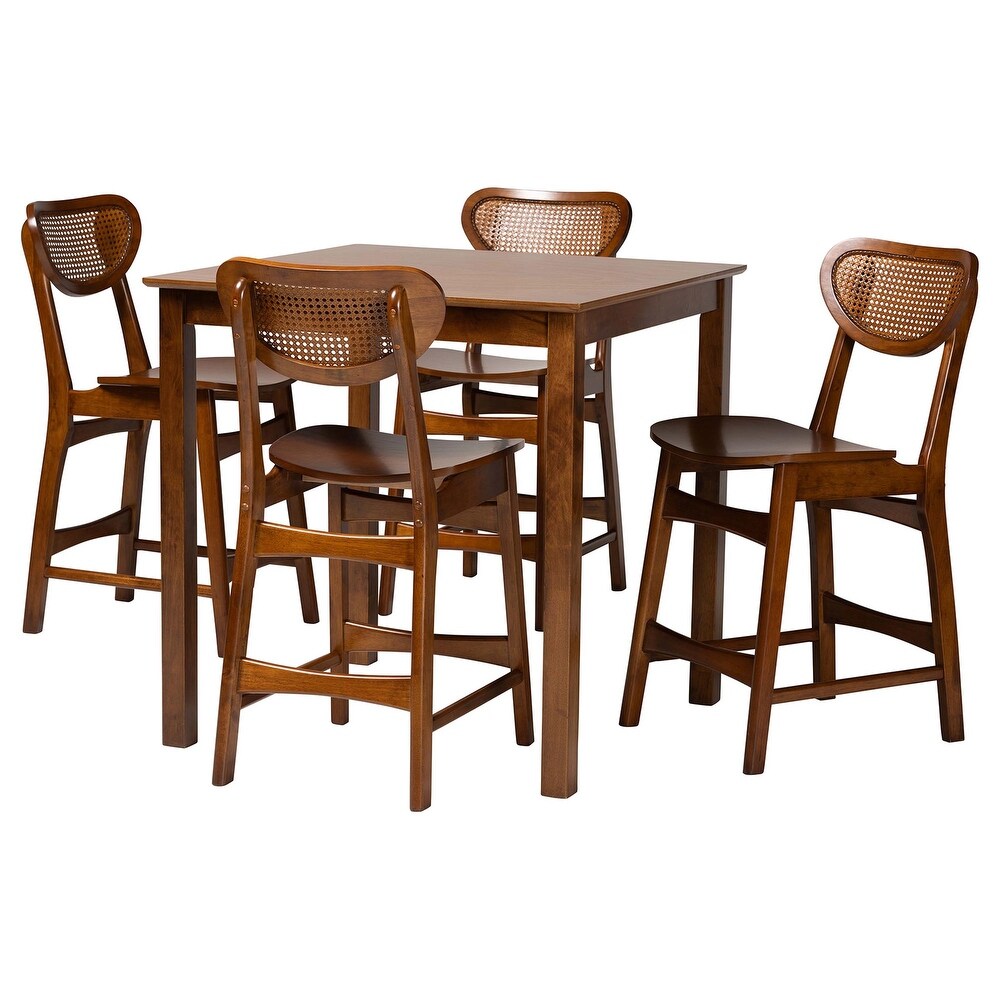 Hesper Mid Century Modern Wood and Rattan 5 Piece Pub Set